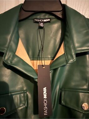 Fashion Nova Dark Green Faux Leather Jacket with Collar